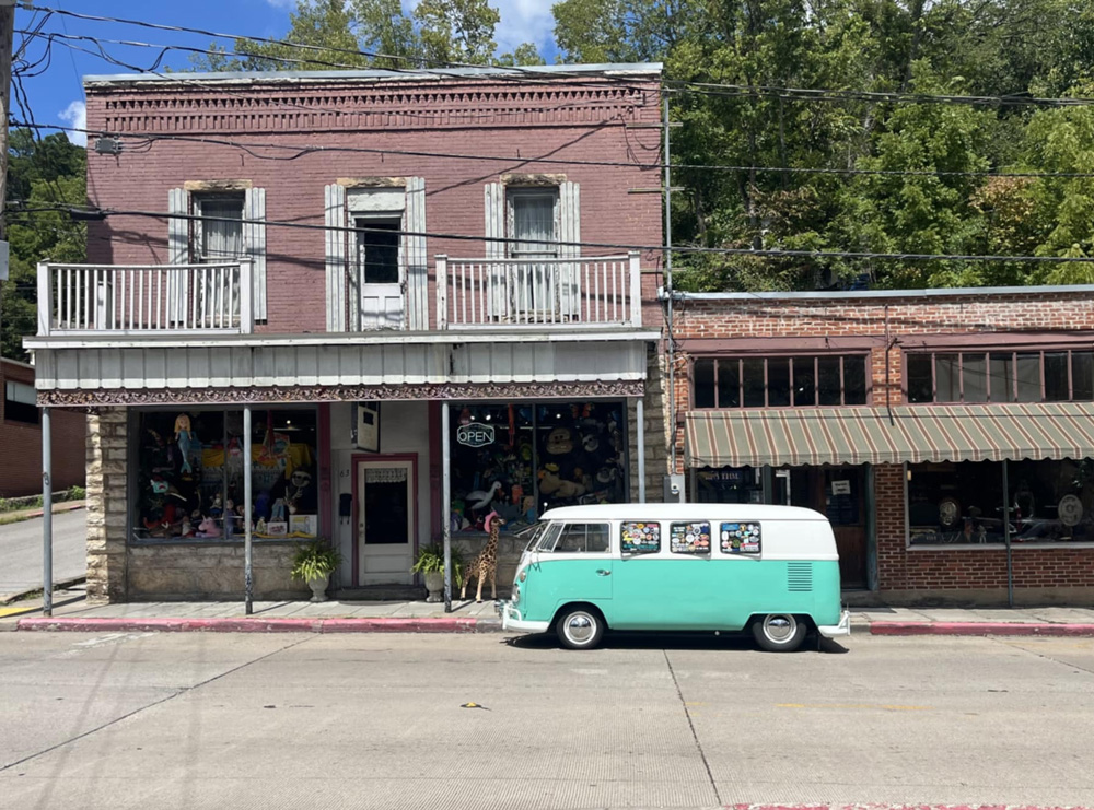 VW Bus parked in a street scene in the historic town of Makanda, Illinois