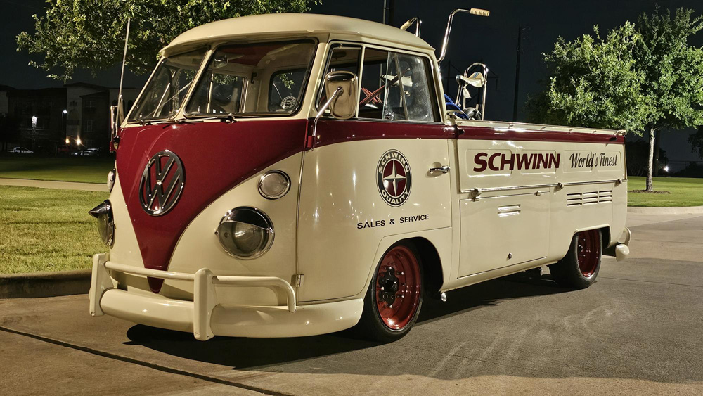 Schwinn themed VW Single Cab at night with red wheels and cream two tone paint