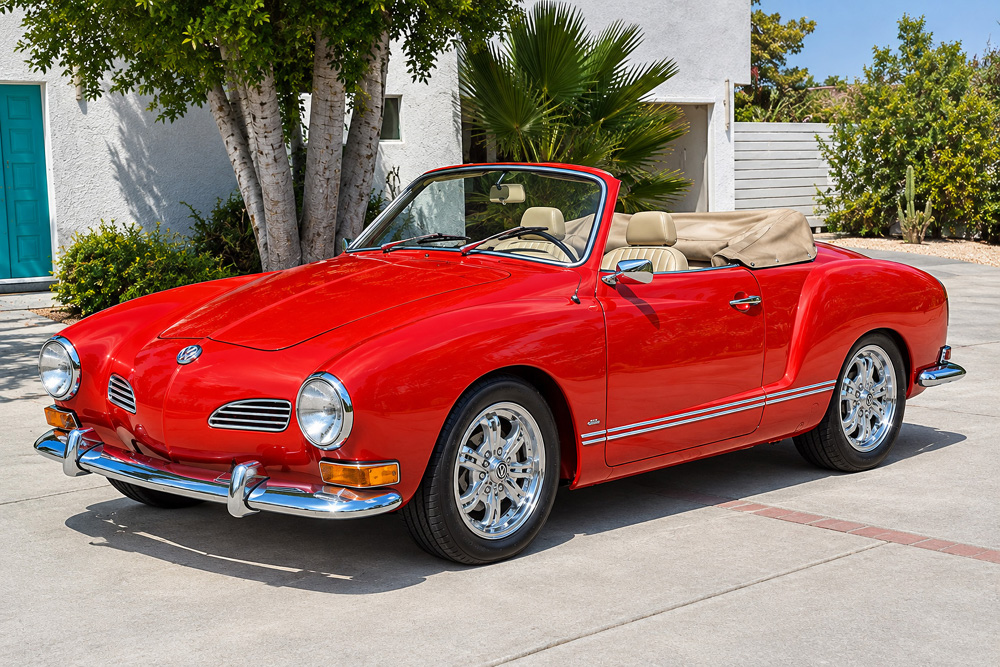 Front view of Danny Bonaduces red Karmann Ghia convertible parked in a sunny Palm Springs driveway
