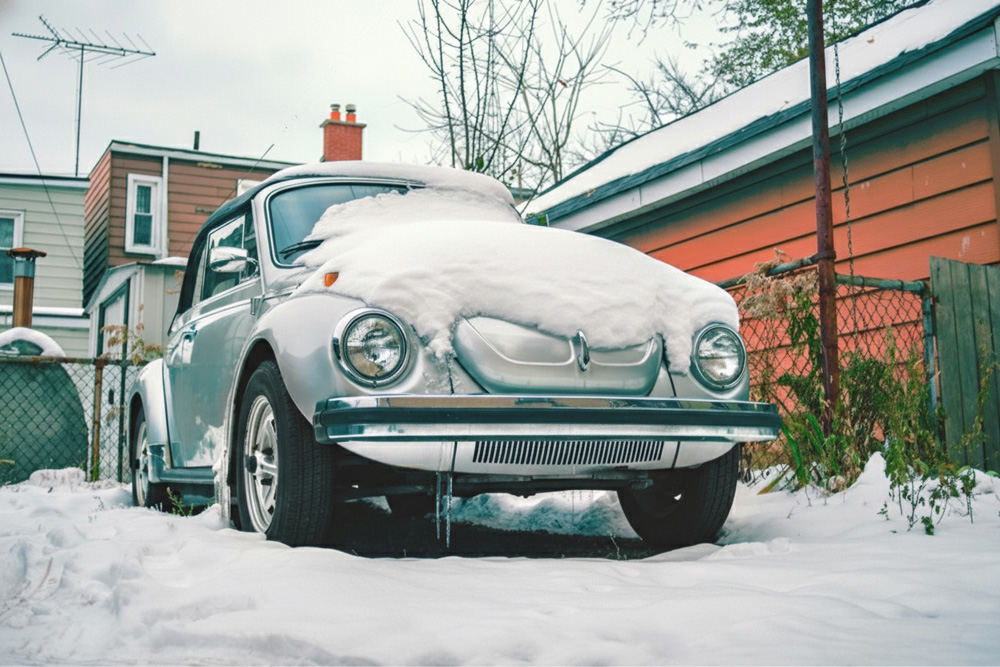 A low-angle shot of a classic Volkswagen chugging through deep powder, showcasing its smooth, flat floor pan that allows it to glide over the snow rather than getting stuck.