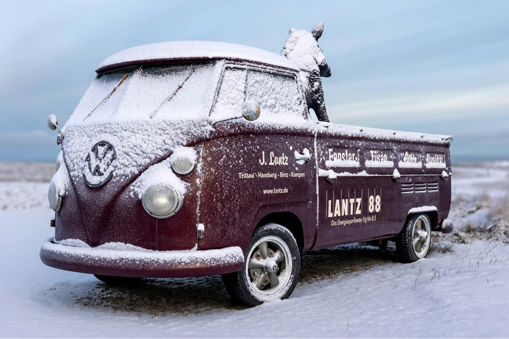 A classic air-cooled VW Single Cab with its bed filled with fresh snow, showcasing the vehicle's rugged capability and utility in freezing winter conditions.