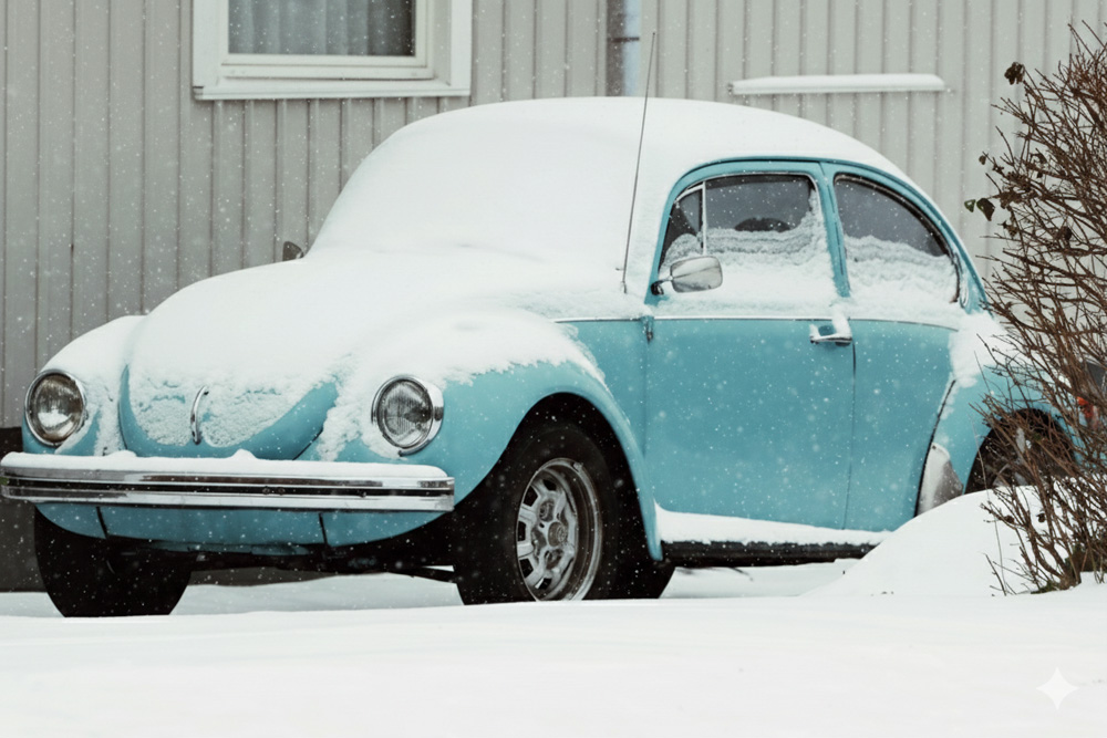 A frost-covered Beetle firing up effortlessly on a sub-zero morning, highlighting the reliability of an engine that has no radiator to freeze, no hoses to burst, and no need for antifreeze.