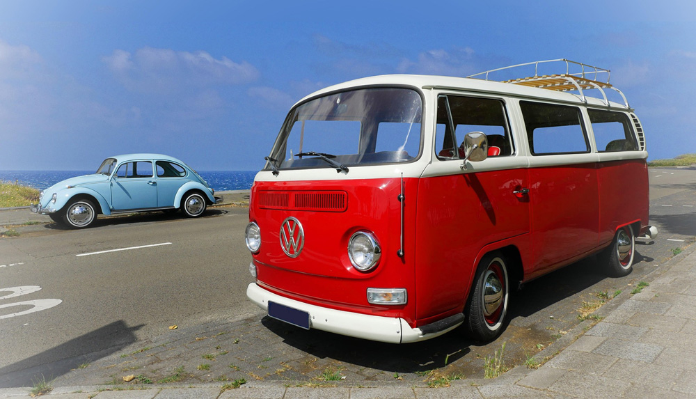 Volkswagen Bus and Beetle parked near the coast, representing classic air cooled VW models