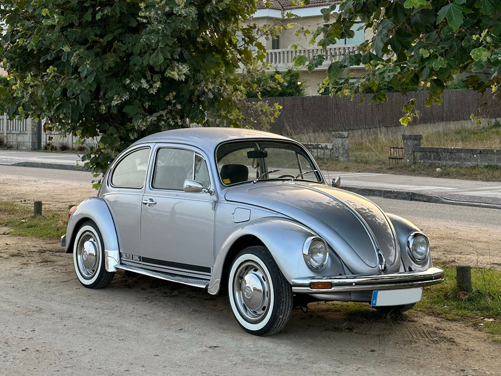 Silver Volkswagen Beetle parked beside a road near trees and a residential building