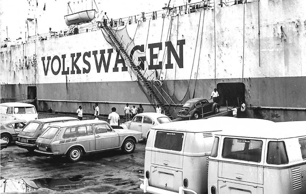 Historic Volkswagen cargo ship loading Beetles and Kombis during Brazils export era