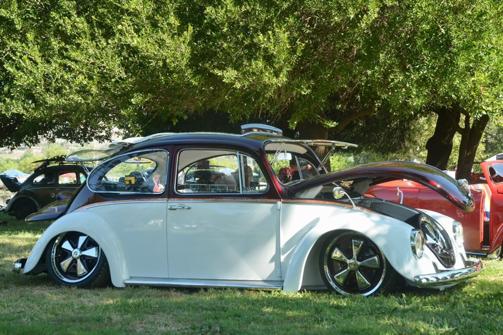 Customized two tone Volkswagen Beetle with open hood parked under a large tree at the El Prado VW Show & Shine