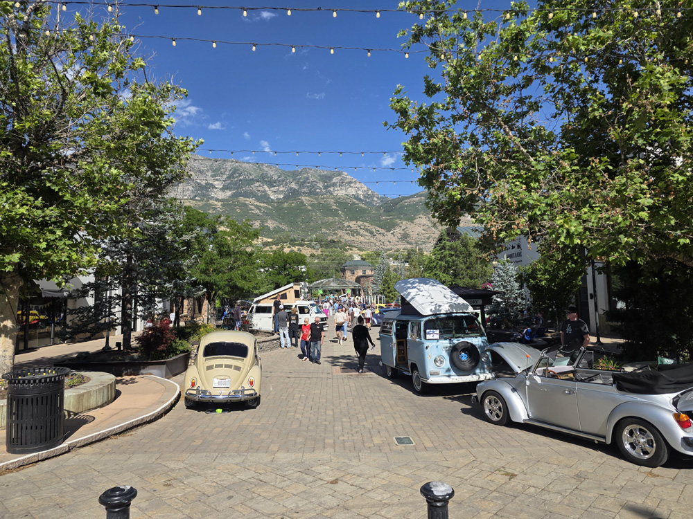 Classic Volkswagens parked along a tree lined plaza with mountains in the background