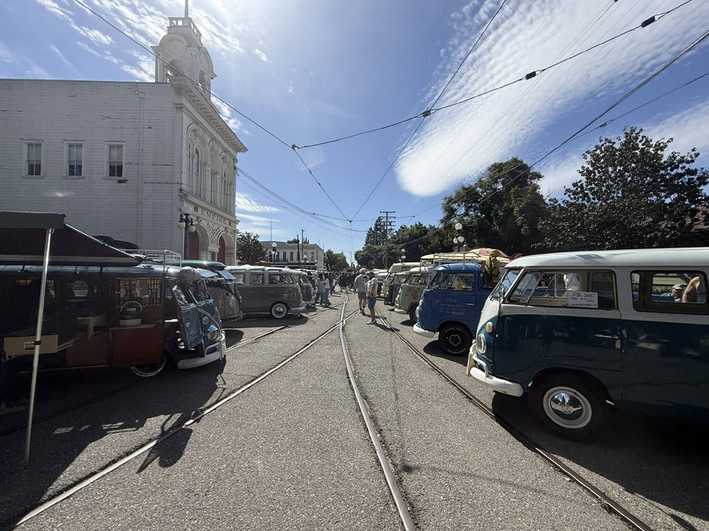 Air-cooled VW buses lined up at the Kelley Park Spring Meet in San Jose.