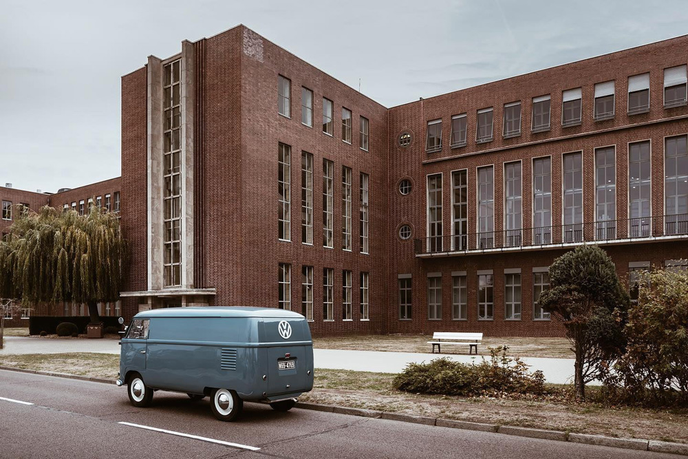 A beautiful 1950 panel van in Dove Blue parked on S&uuml;dstra&szlig;e