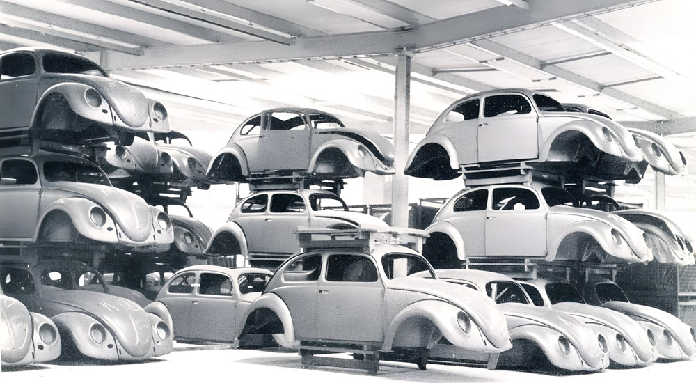 Complete split and oval-window bodyshells stacked at Volkswagenwerk Wolfsburg