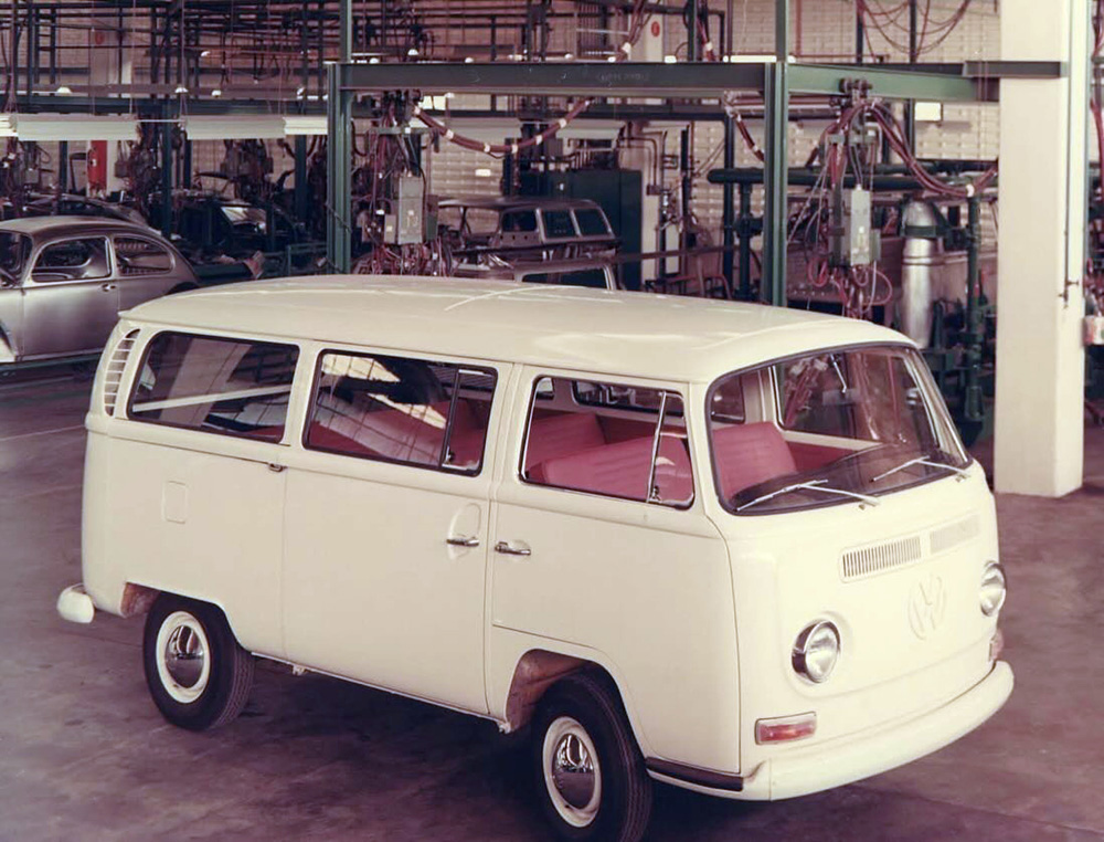 A press photo of an early VW T2 Transporter taken inside the Volkswagen plant in Palma Sola, Venezuela, around 1969-1970