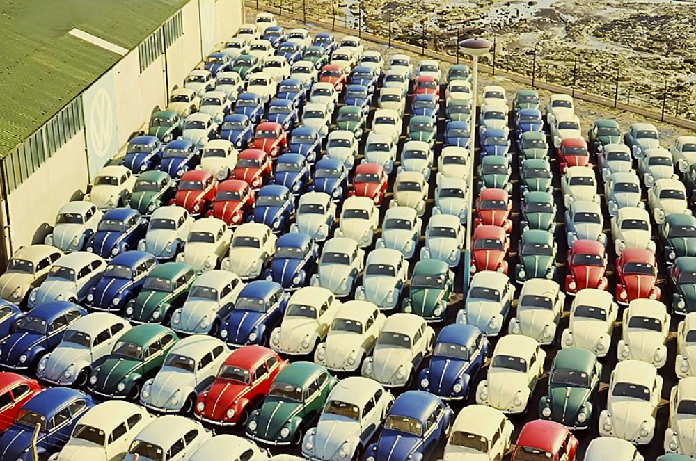 The new vehicle departure yard at the port of Ramsgate in Kent, southeast England, in 1965, full of right-hand drive Volkswagens.