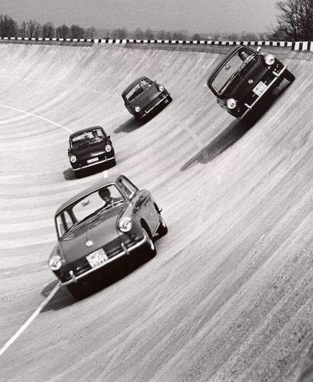 A group of Volkswagen 1500s on the test track in Wolfsburg. This test track was located on the factory premises, to the north-west of the main factory building. Even though most testing was moved in the 1970s, to the much larger test track area at Ehra-Lessien, around 20 kilometers north of Wolfsburg, the old track is still present today. 