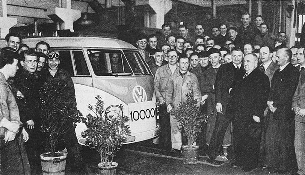 75 years ago:  The workforce at Volkswagenwerk Wolfsburg celebrated in February 1951 as Transporter number 10.000 rolled from the production line.