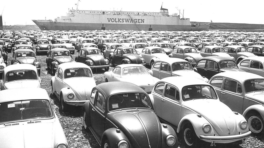 The RoRo ship Dyvi Atlantic and hundreds of Volkswagens for North America. This ship was the world's first bespoke car carrier made specifically for trans-Atlantic voyages. She had a capacity of up to 1375 Volkswagens, cruised at 17 knots, and made around 14 trips across the sea every year.