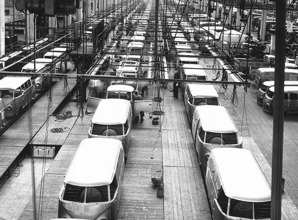 Transporter body assembly line at the Hannover plant July 10, 1957.