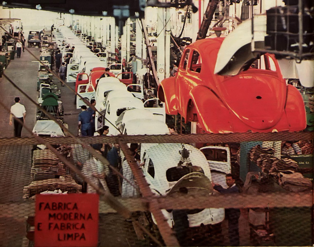 Bodyshells in the final assembly at the Anchieta factory of Volkswagen do Brasil in Sao Bernardo do Campo, SP, in 1963.
