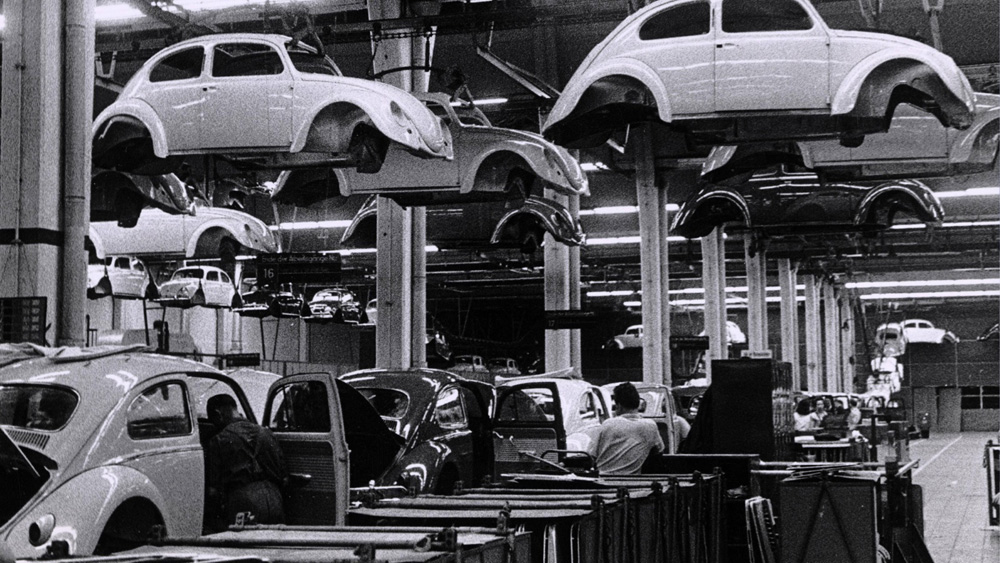 Beetles at the interior trim line in VW Wolfsburg Germany, somewhere between 1958 and 1960.