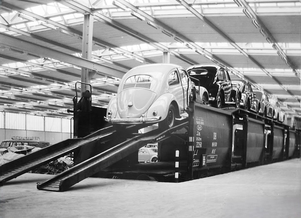 New Volkswagen Beetles being loaded onto railcars inside Hall 40 at the Wolfsburg factory
