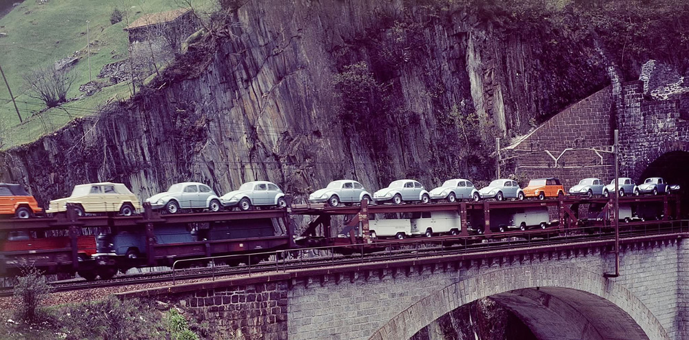 Swiss Federal Railways moving new Volkswagens between Germany and Switzerland in 1972.