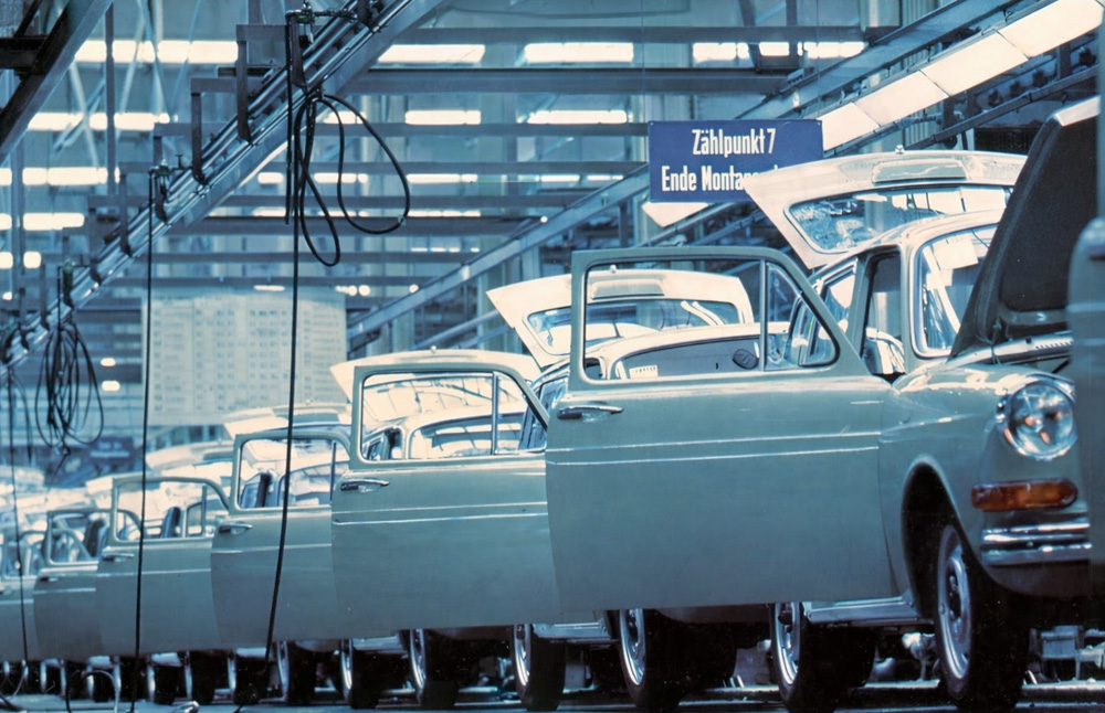 Type 3 bodies on the Wolfsburg assembly line in 1970 during final production stages.