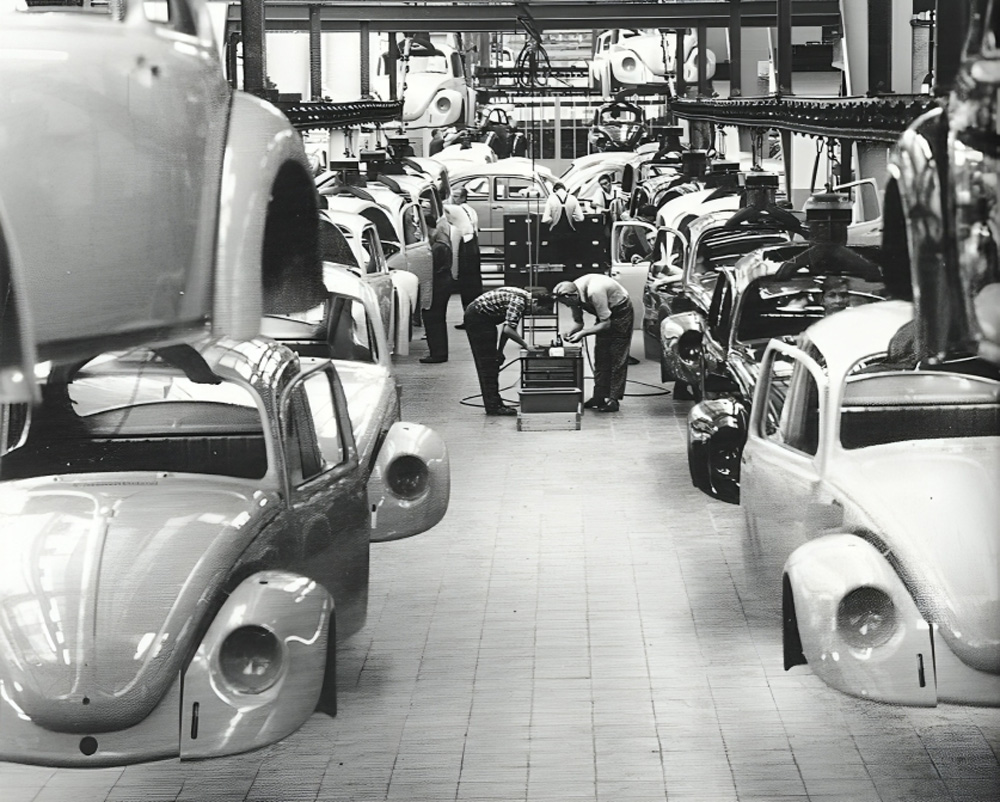 Painted VW bodyshells lined up at Emden plant before final assembly in 1969.