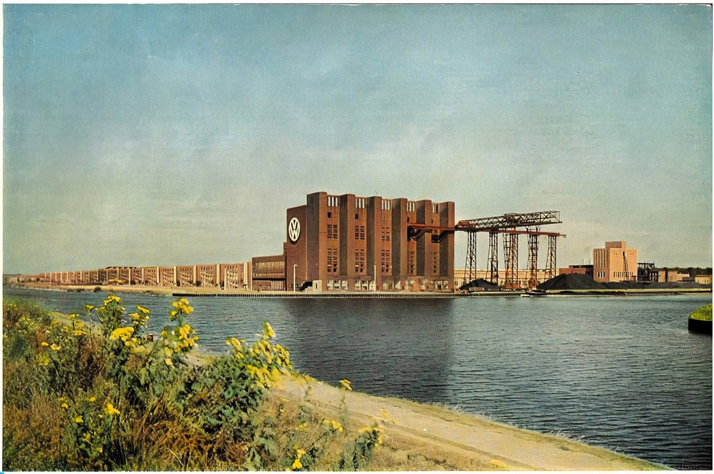 1953 Wolfsburg factory with Heizkraftwerk and VW logo